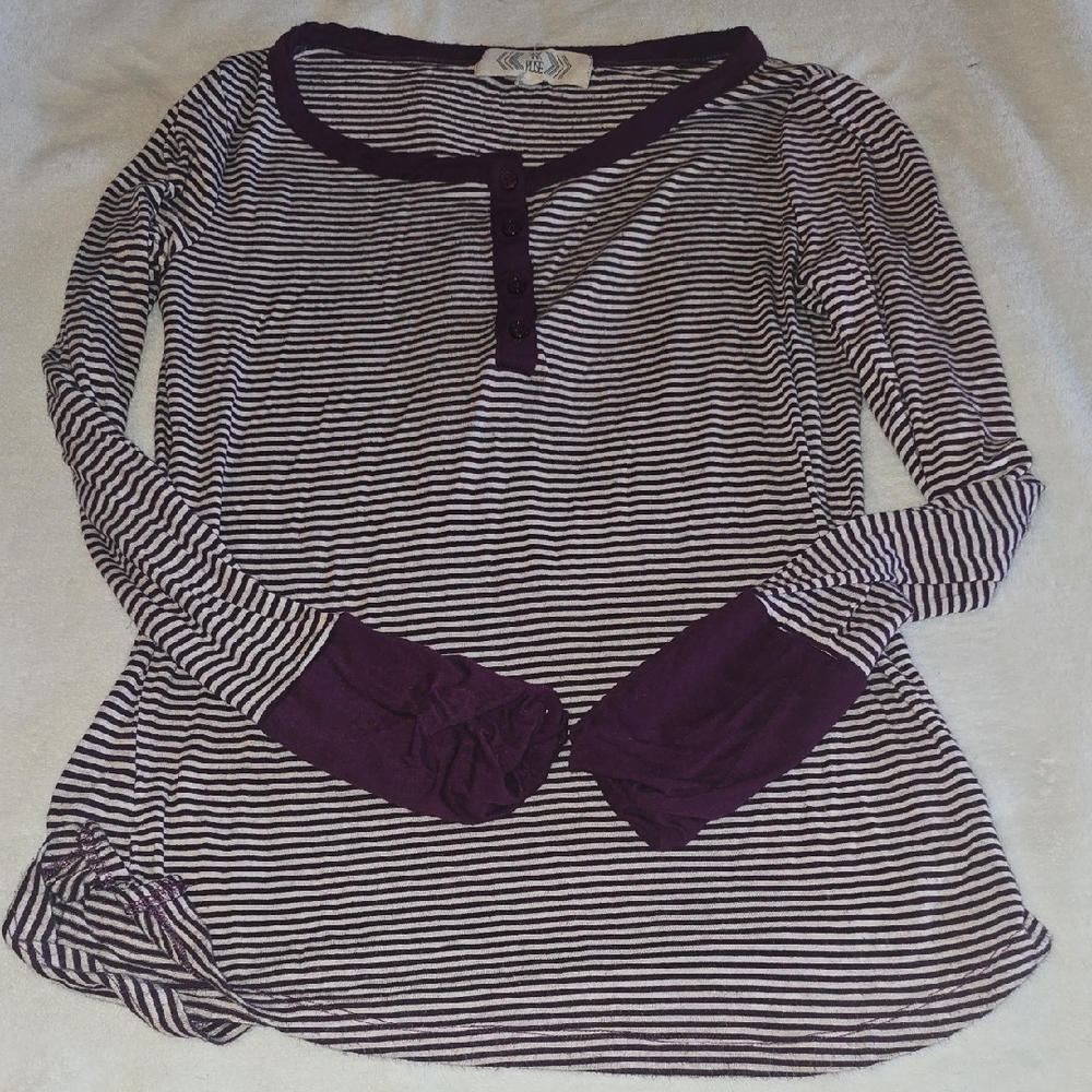 Striped Long-Sleeve Henley Top - Purple/White